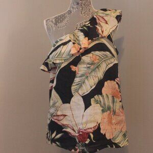 Ann Taylor Womens Floral Ruffle One Shoulder Ramie Blend Shirt Top Blouse